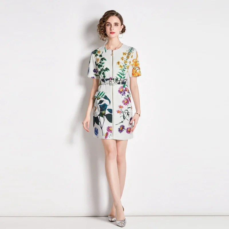 

High Quality Beading Flower Leaves Print Runway Dress Women Short Sleeve Zipper Up Diamonds Floral Belt A Line Mini Vestidos