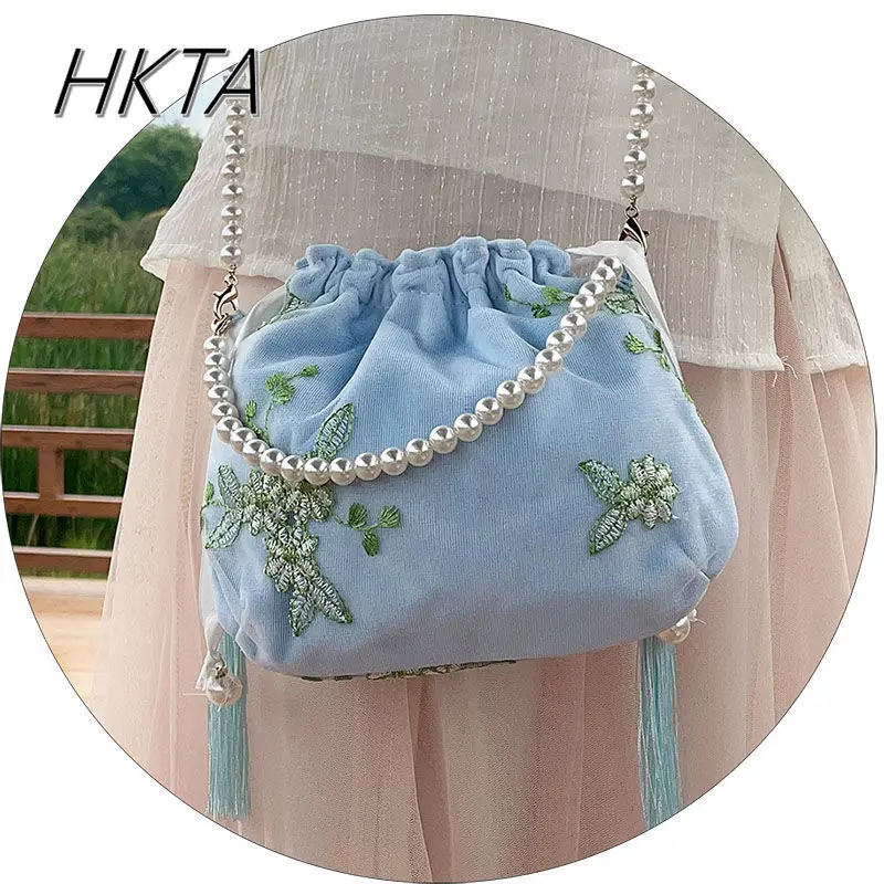 Estilo chinês bordado versátil balde portátil hanfu saco de cosméticos das mulheres lolita doce portátil pérola corrente bolsa de ombro menina