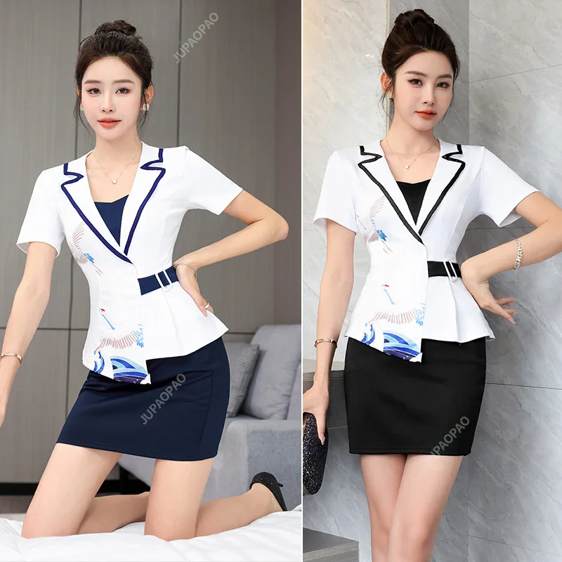 

Women Work Clothes Shirt Short Skirt Suit Hotel Waiter Beauty Salon Spa Massage Nail Cafe Foot Bath Technician Overalls Uniform