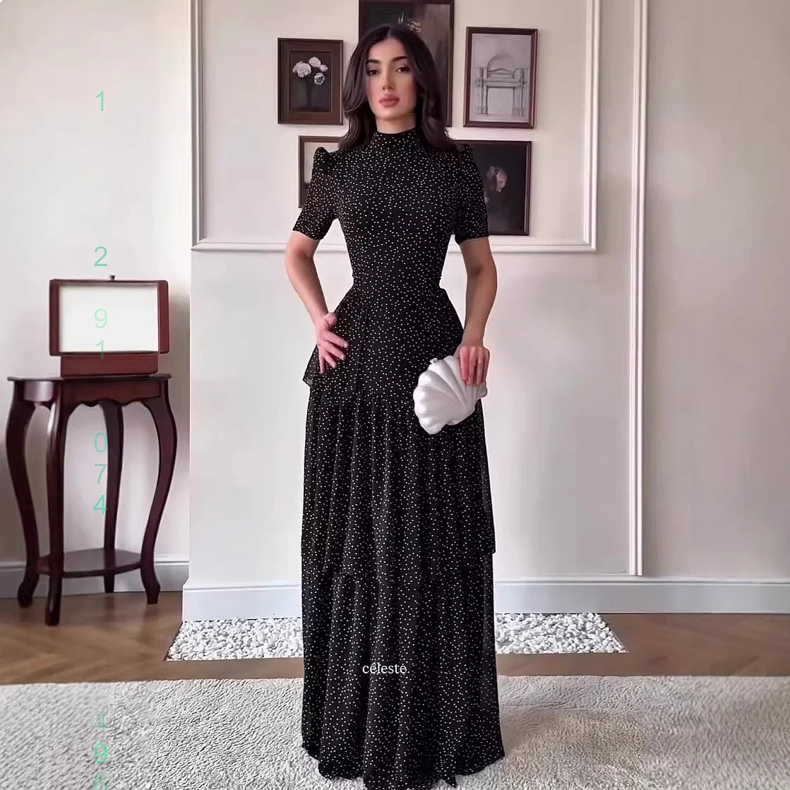 

Fashion Women Dress Dresses Black Short Sleeve Round Neck Waist Tiered Cake Mini Dress Spring Summer