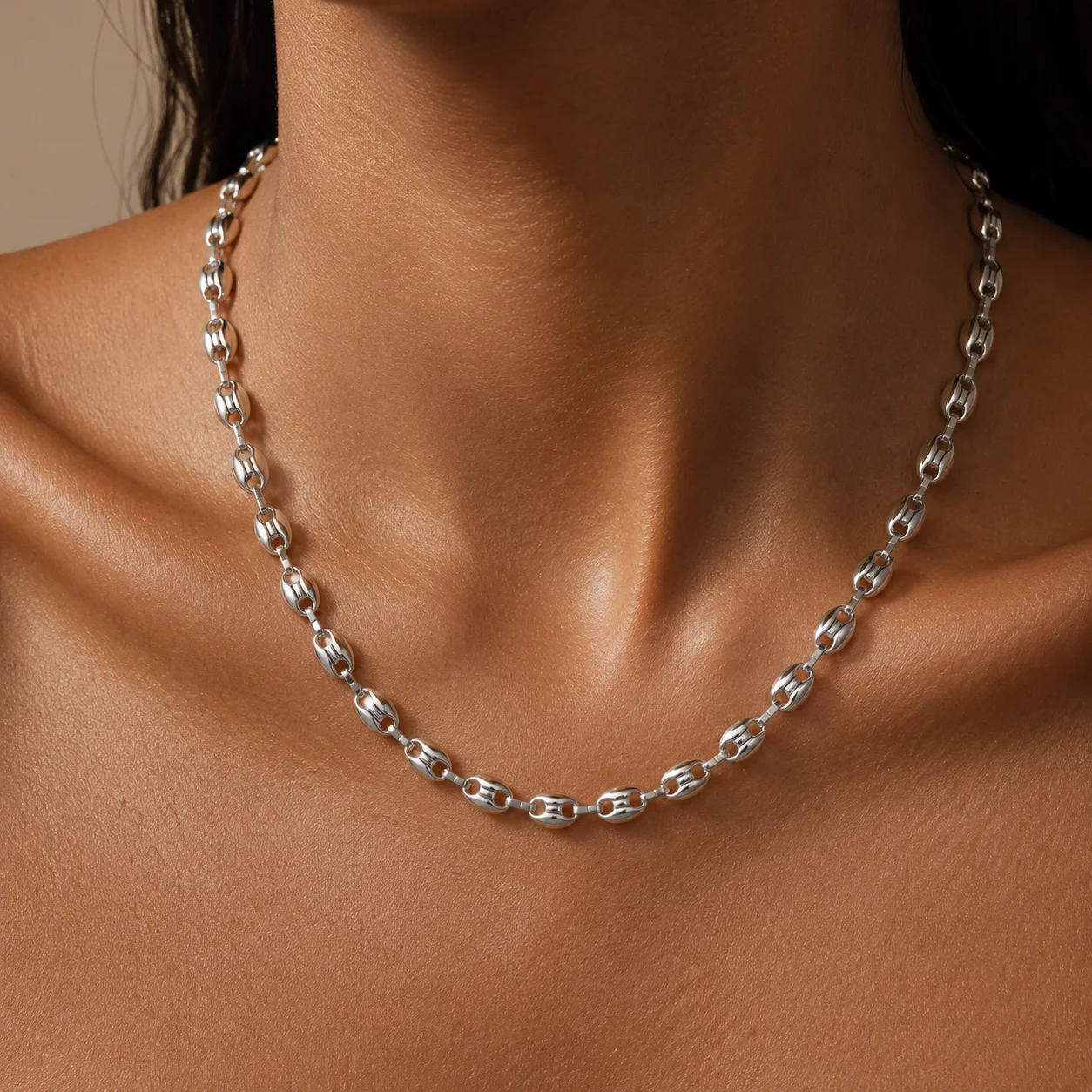 316L Stainless Steel Pig Nose Chain 58cm, Non-Tarnish Coffee Bean Link Necklace, Waterproof Hip Hop Jewelry Gold Silver