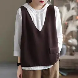 Spring Autumn New Fashion V-neck Solid Color Sweater Vest Women's Clothing Pockets Loose Casual All-match Korean Knitting Tops