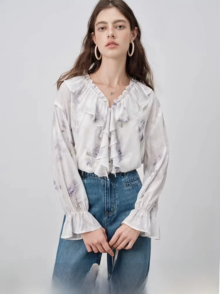 

Women's Long Sve V-Ne irt Draped Feel Purple Vine Floral Print Loose Fit Bell Sve Casual irt Summer Season