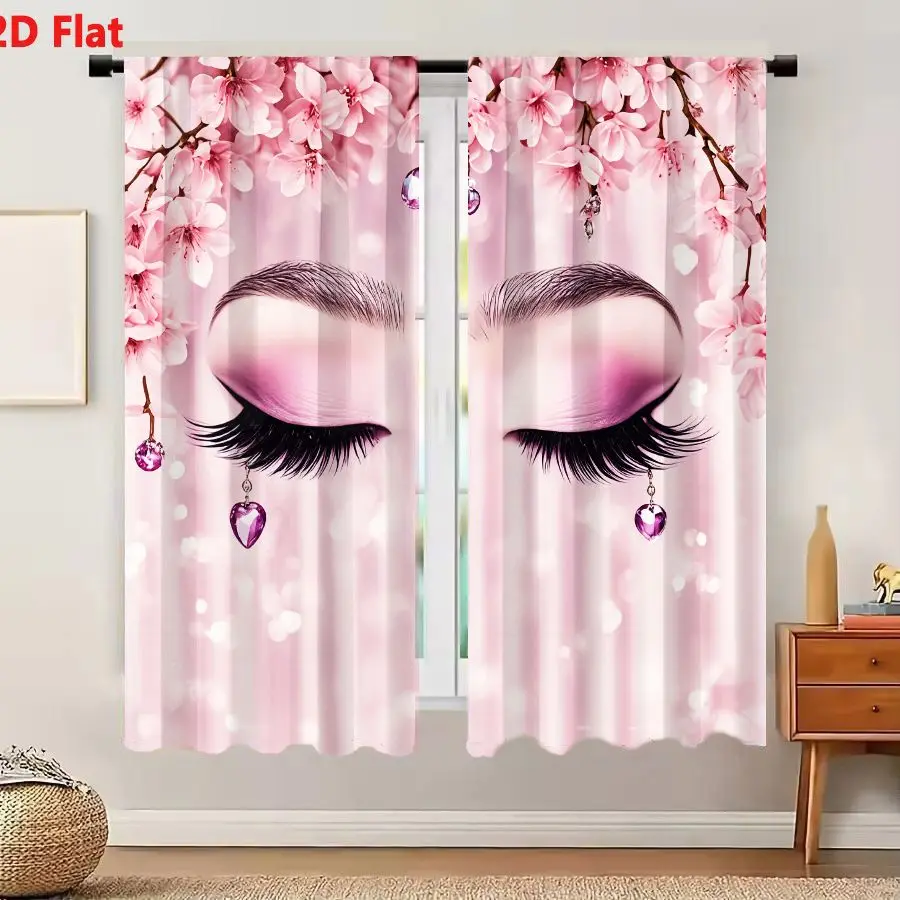 2Pcs Curtains 2D Flat Surreal Digital Art Extreme Close Up Closed Eyes With Cherry Blossoms And Crystal Earrings Window Drapes f