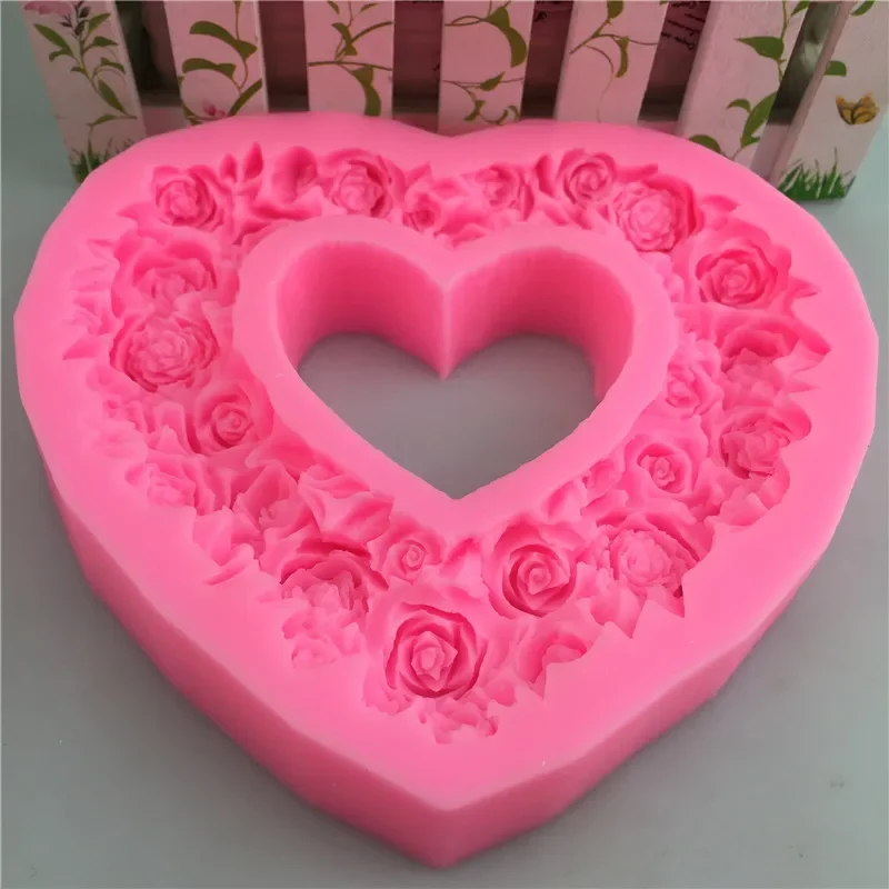 Heart Shape Silicone Mold Rose Flower Frame Wedding Fondant Cake Decorating Tools Cupcake Topper Candy Chocolate Gumpaste Molds