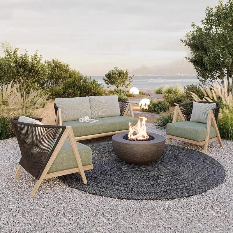 Outdoor teak sofa courtyard open-air villa garden rattan antiseptic coffee table combination outdoor leisure solid wood