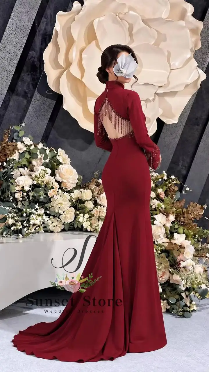 Customized Burgundy Mermaid Evening Dress Long Flared Sleeves Beaded Tassel Cutout Back Formal Gown Wedding Guest Party Dress