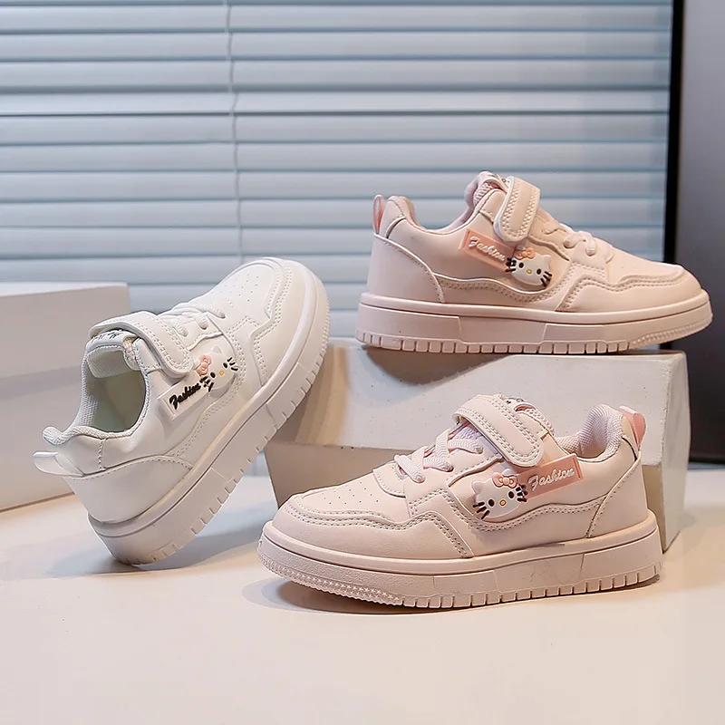

Kids'Casual Shoes Sneakers Cartoon Hello Kitty PU Leather Spring Shoes For Girls Anti-slip Velcro Pink White Shoes Size 26-37