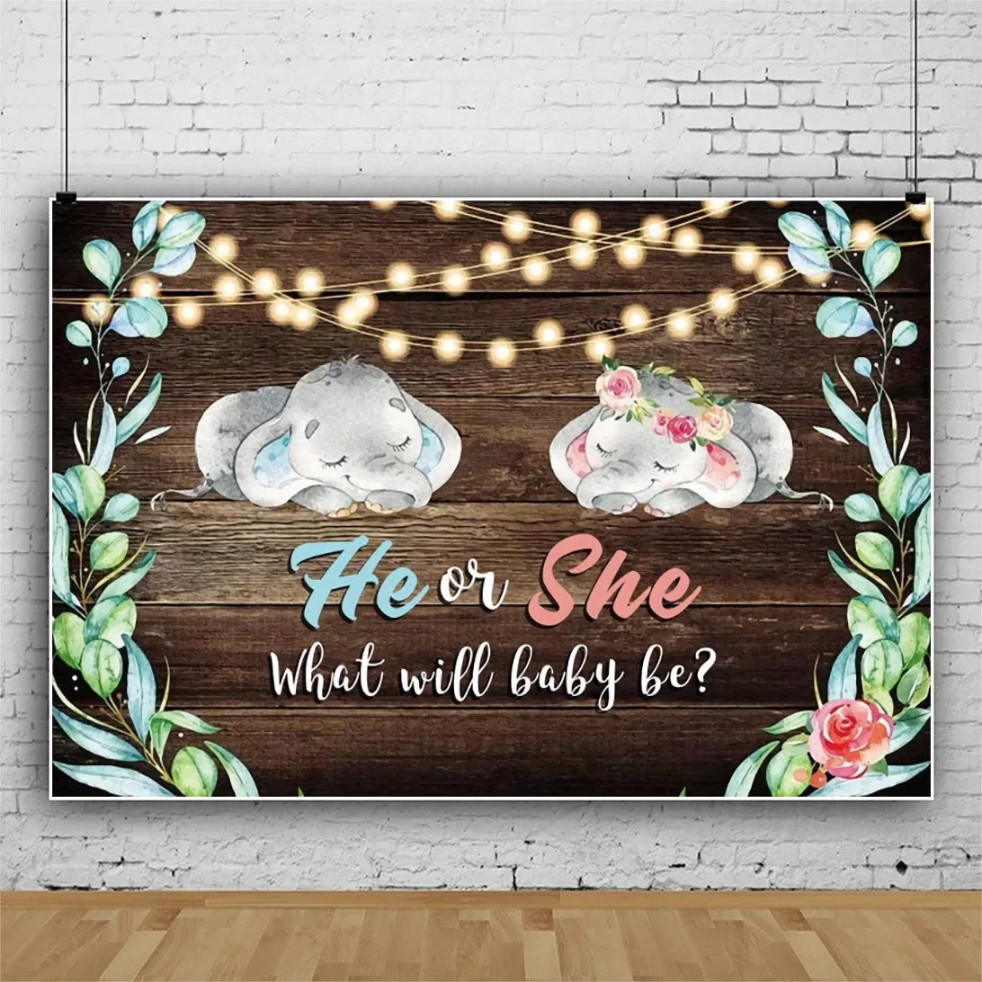 

He or She Party Backdrop for Gender Reveal Decorations What will Baby Be Elephant Lights Baby Shower Banner Background Supplies