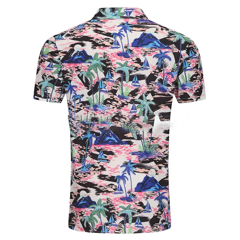 Summer new men's short sleeved European style lapel wide pine flower shirt beach style fake style Hawaiian versatile shirt