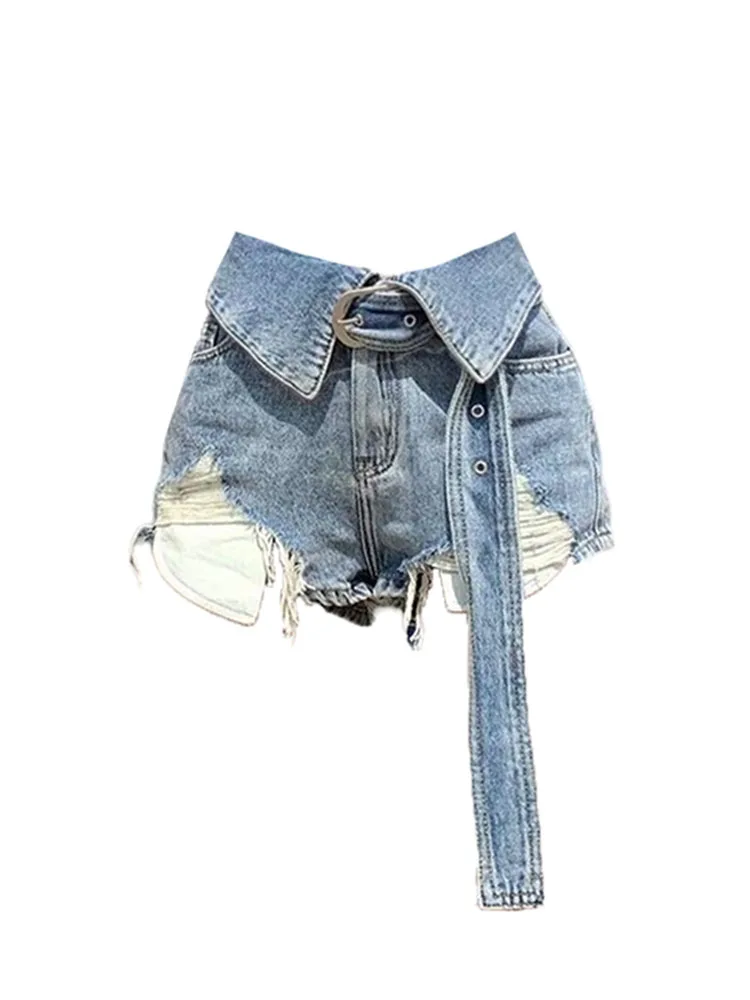 

American Retro Raw Edge Hot Pants Baggy Blue Denim Shorts Women Hole High Waist Jeans Short Tassels Streetwear High Street Kpop