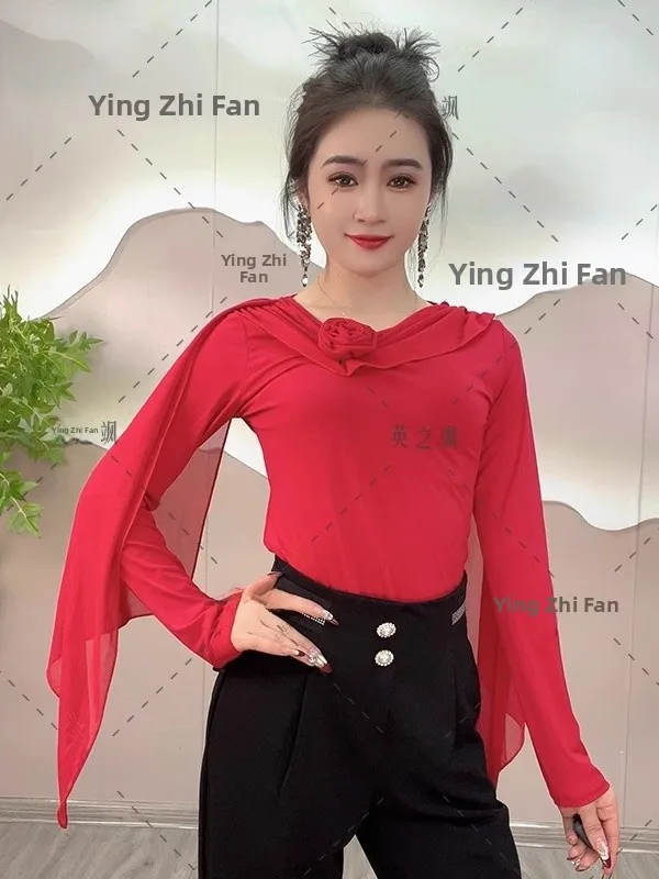 新しい女性のダンストップ長袖痩身スクエアラテンモダンダンス衣装弾性花柄ドレープフィットネススポーツウェア