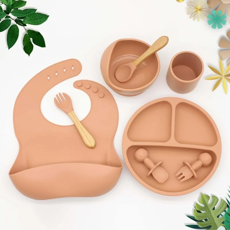 

J15U 8 Pcs Baby Silicone Bib Divided Dinner Plate Suction Bowl Spoon Fork Cup Set Training Feeding Utensil Dishes