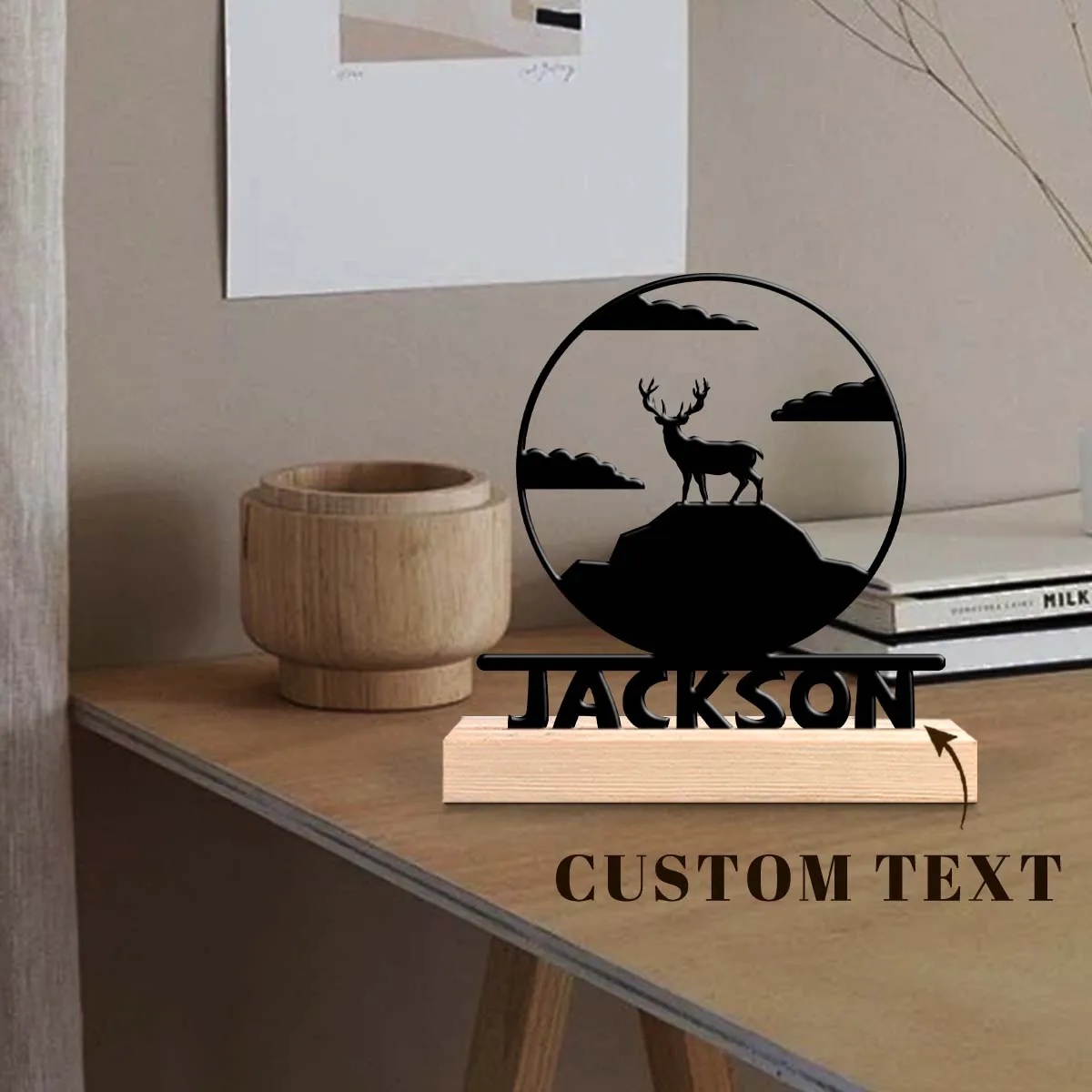 1pc Customizable Metal Desktop Ornaments Customizable Content With Wooden Base Desktop Decorations,Office Decorations