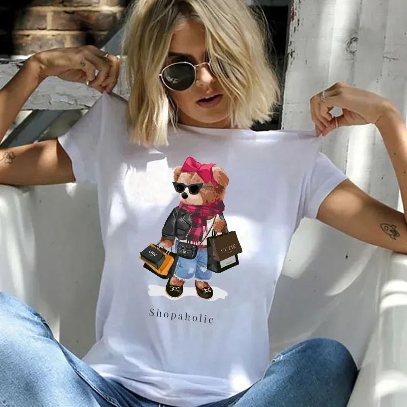 Shopaholic Bear Funny Cute Top Camisetas Black Ladies T-Shirts Aesthetics Graphic White Short Sleeve Polyester Women's T-shirt