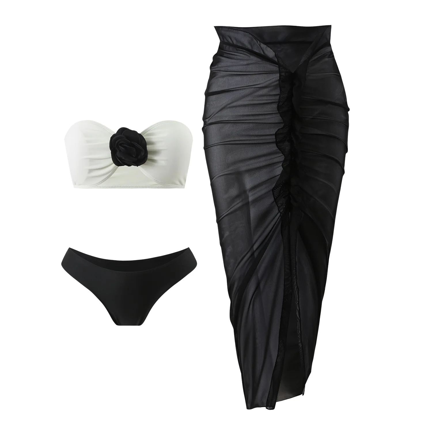 sexy 3d flower bandeau bikinis sets 3pcs with long mesh split skirt black white patchwork swimsuit bathing suit beach outfits