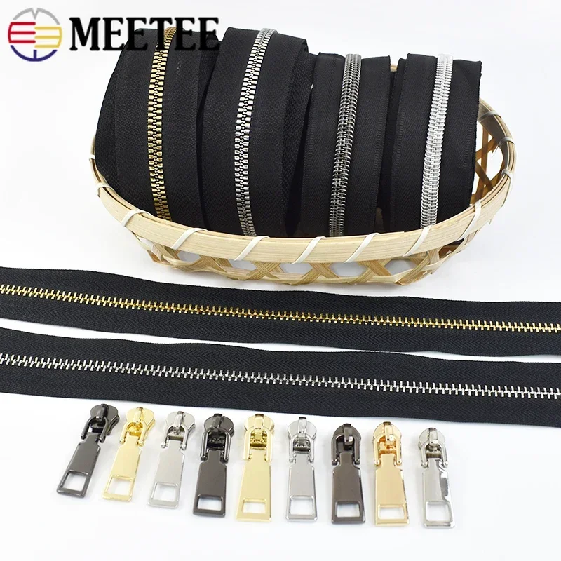 1-5Yards 5# Metal/Nylon/Resin Zippers Tape By Yards with Zip Puller Sliders for Sewing Bag Clothes Repair Kits Accessoriess