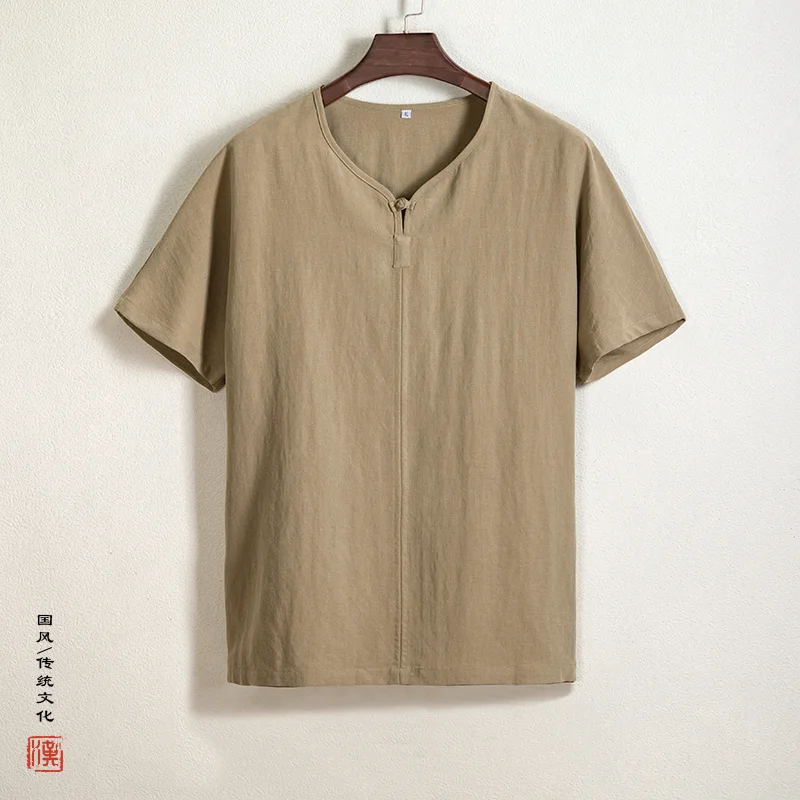 

Летняя мужская футболка 2026 в китайском стиле из льна с коротким рукавом: повседневная, дышащая, легкая, удобная, для ежедневной носки, в стиле Ханьфу