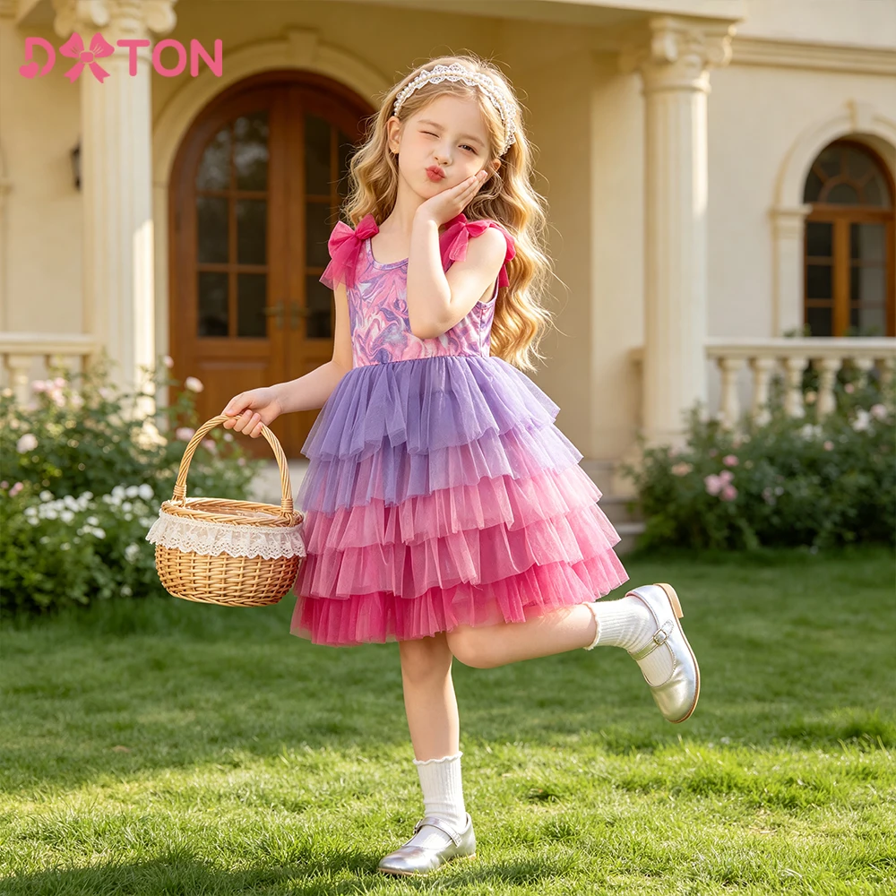 DXTON Kids Birthday Party Summer Garden Clothes Bow Sleeveless Mesh Cake Layered Girls Dresses Gradient Baby Princess Tutu Dress