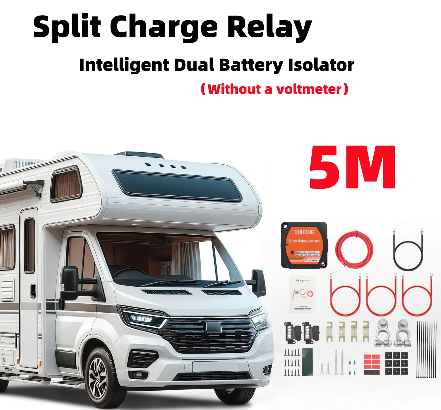 5m Split Charge Relay Kits Without Voltmeter Ready Made Leads 12V 140A Voltage Senstive VSR For Caravan Motorhomes 4x4s Boat