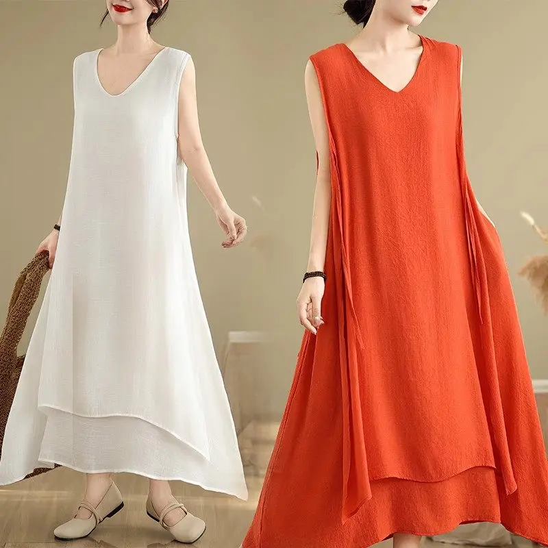 

Women's Summer Chinese Style Premium Cotton-Linen Blend Dress - Light Luxury V-Neck Vest Dress, Oversized Bohemian Dress G375