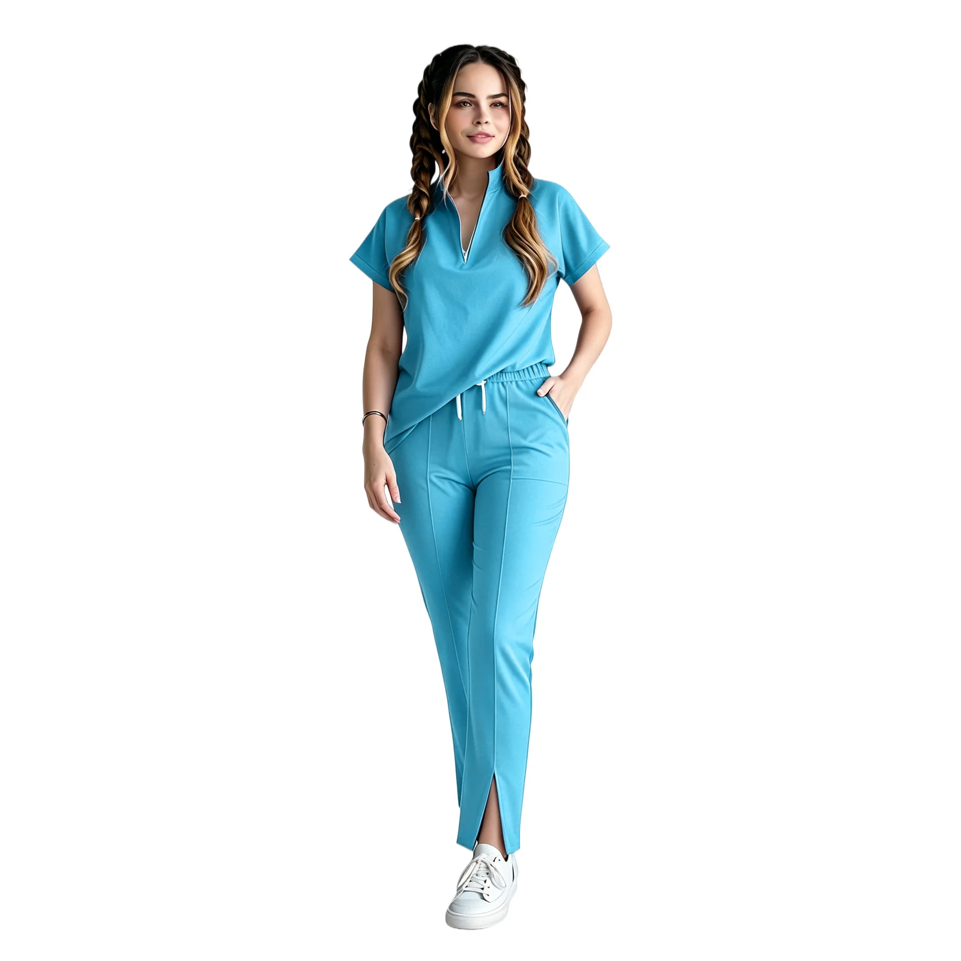 Elastic Zip Neck Scrub Suit Short Sleeve Straight Trousers Nursing Physician Spa Clinic Daily Work Wear Outfit