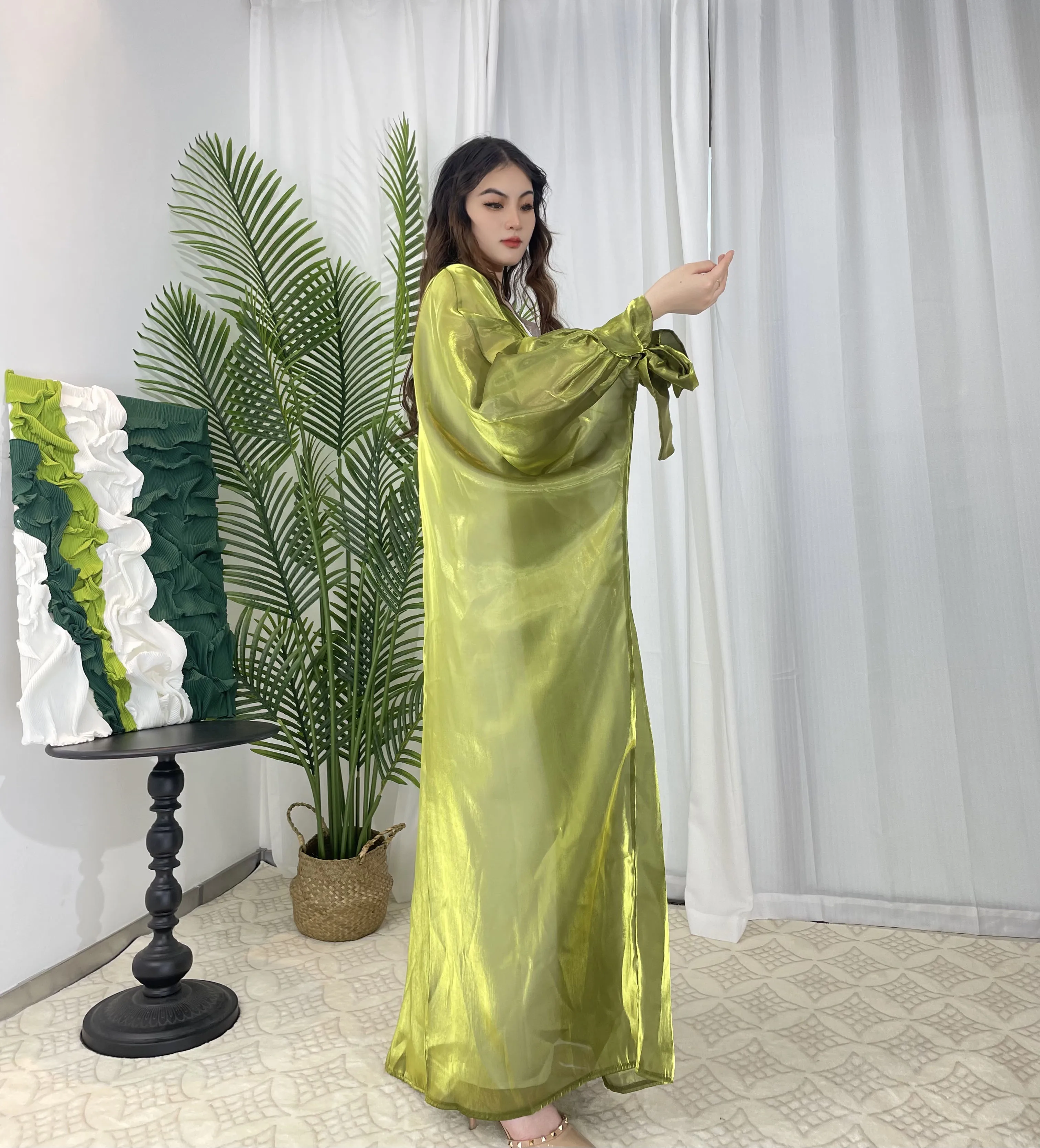 Open Abaya Organza Abaya Glanzende Zijde Abaya Moslim Lange Vrouwen Jurk