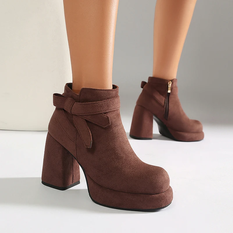 Women Bow Platform Ankle Boots Side Zipper Chunky High Heel Faux Suede Round Toe Booties Black Apricot Coffee Daily Footwear