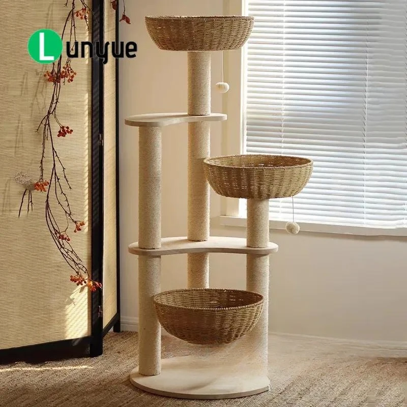 Solid Wood Cat Tree with Woven Rattan Basket Nest Large Vertical Climbing Frame Integrated Board Scratching Post for Indoor