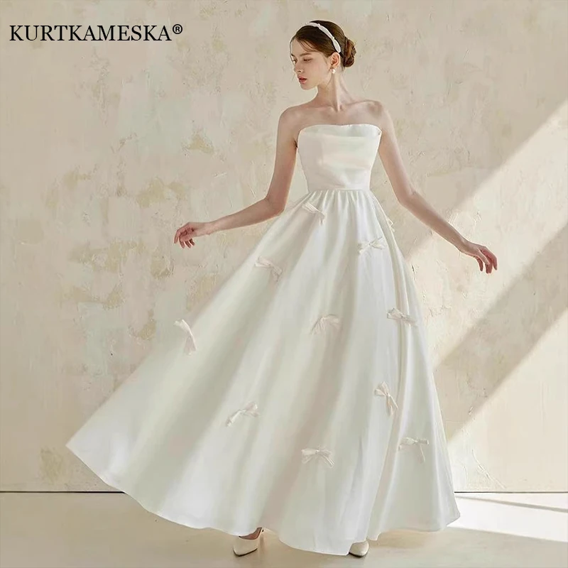 

Elegant White Strapless Satin Evening Dress With Detachable Puff Sleeves Floor-Length Formal Party Gown Bows Wedding Dresses