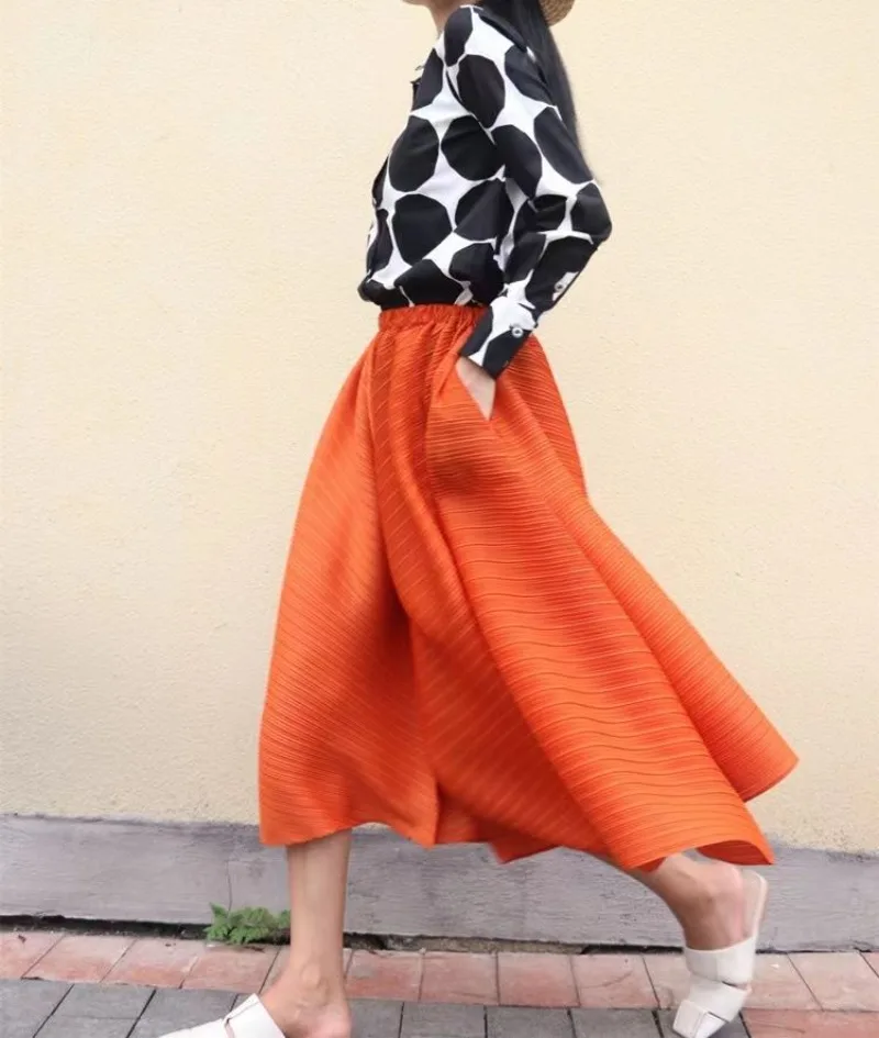 2026 New Summer Miyake Style Pleated Culottes Irregular Skirts Women Elastic High Waisted Korean Loose Wide-leg Pants