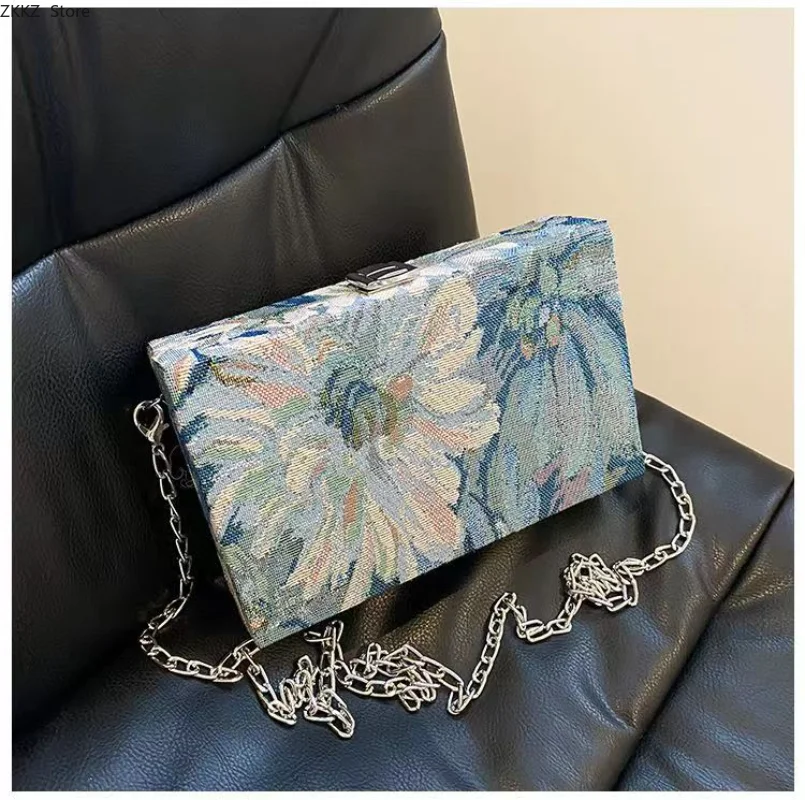 Chinese Style Oil Painting Small Square Bag Women's Embroidery Box Bag Chain Crossbody Bag Mobile Phone Shoulder Bag