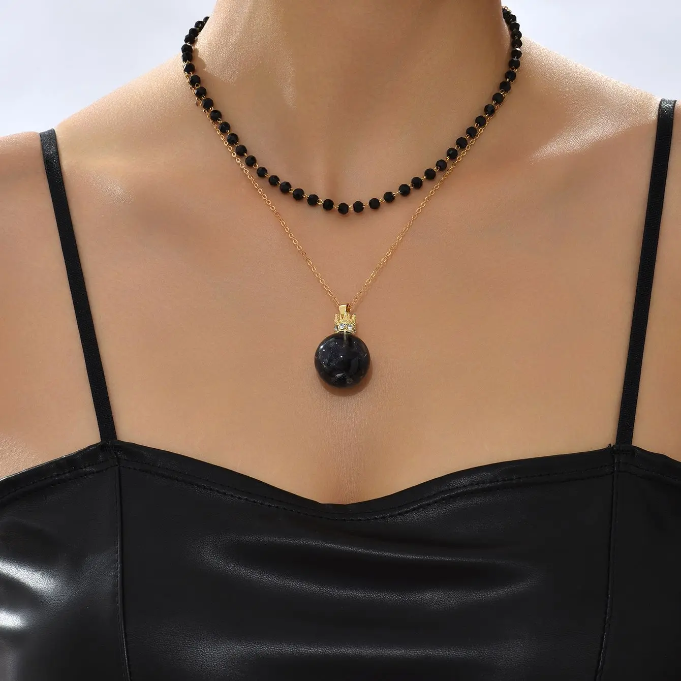 New Hot sale Natural Stone Real Gold Chain Water Point Black Double Layer Necklace (Black Bead Chain Length 40cm)