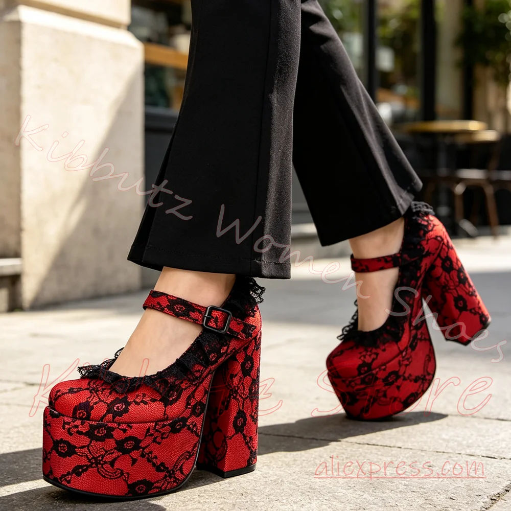 Platform Mary Jane Pumps Lace Overlay Buckle Strap Block High Heel Goth Alt Subculture Party Statement Footwear Mixed Color Sexy