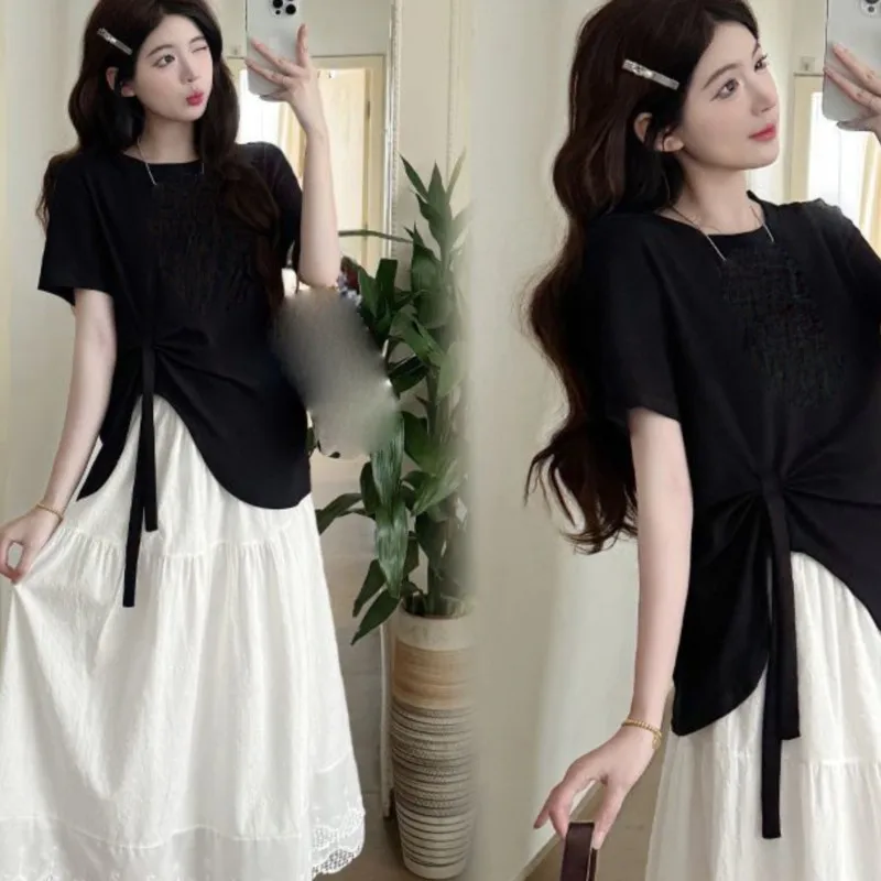 

2026 Pregnant Women's Summer Korean Solid Color Maternity Short Sleeved Top Lace Dress 2-piece Set Maternity Clothing Set LJ353
