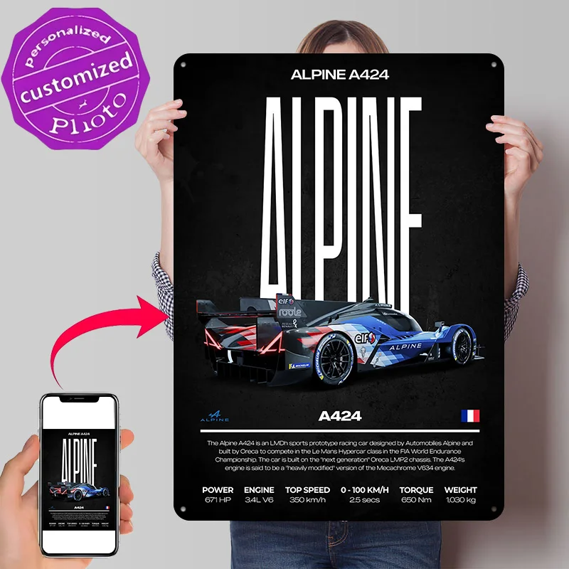 Alpine A424 Racing Car Metal Poster Perfect Gift for Fans Lovers Personalized Wall Art Metal Sign for Modern Home Decoration