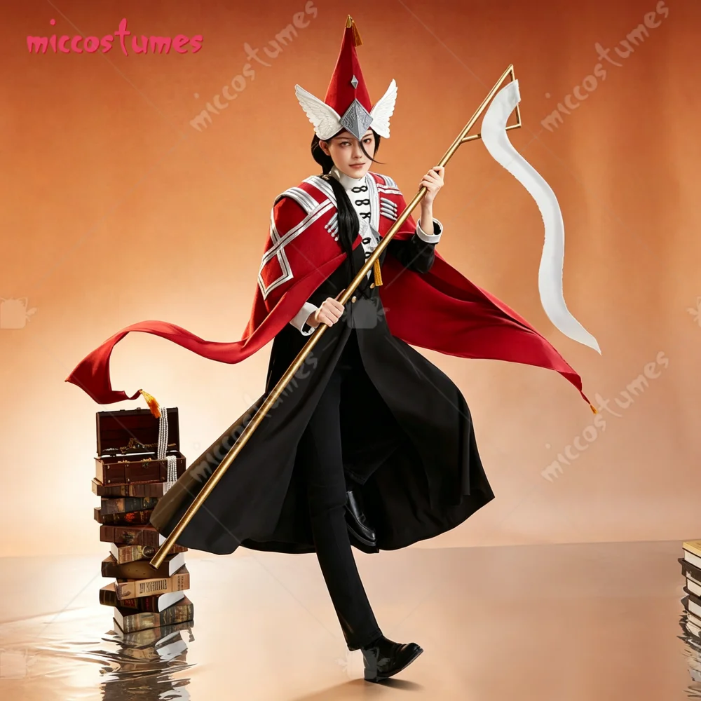 【Versandbereit】Miccostumes Roter Hexenhut Cosplay-Kostüm für Halloween Schwarzes Kleid mit Umhang und Hut