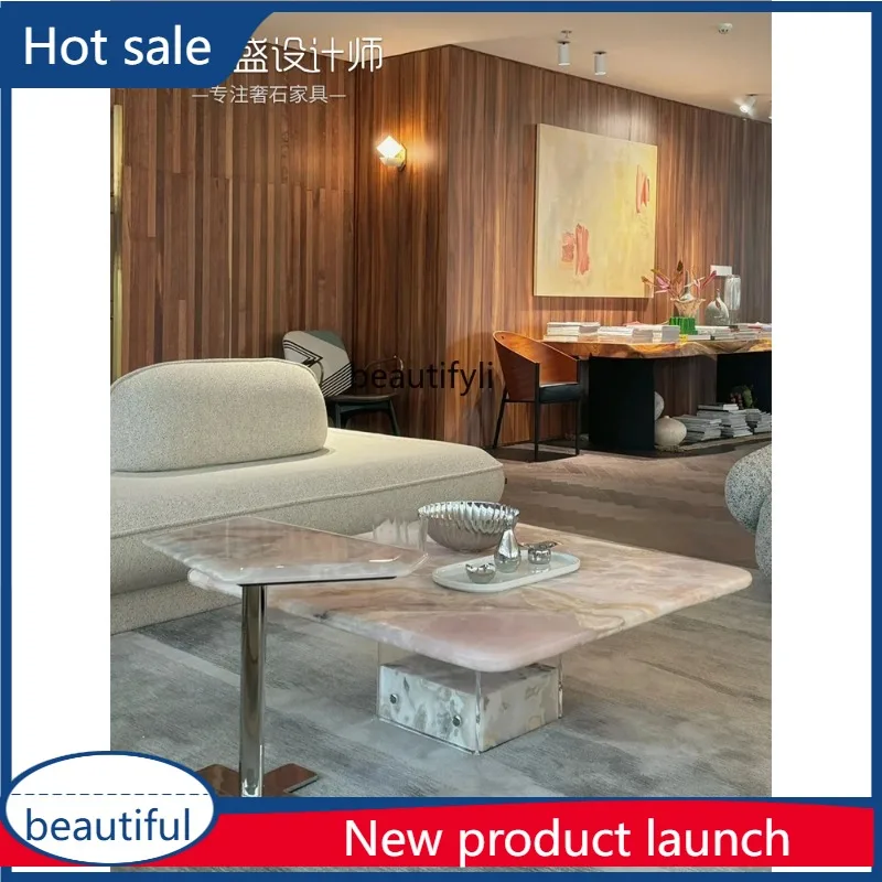 A003 Italian minimalist natural marble square coffee table side table living room combination