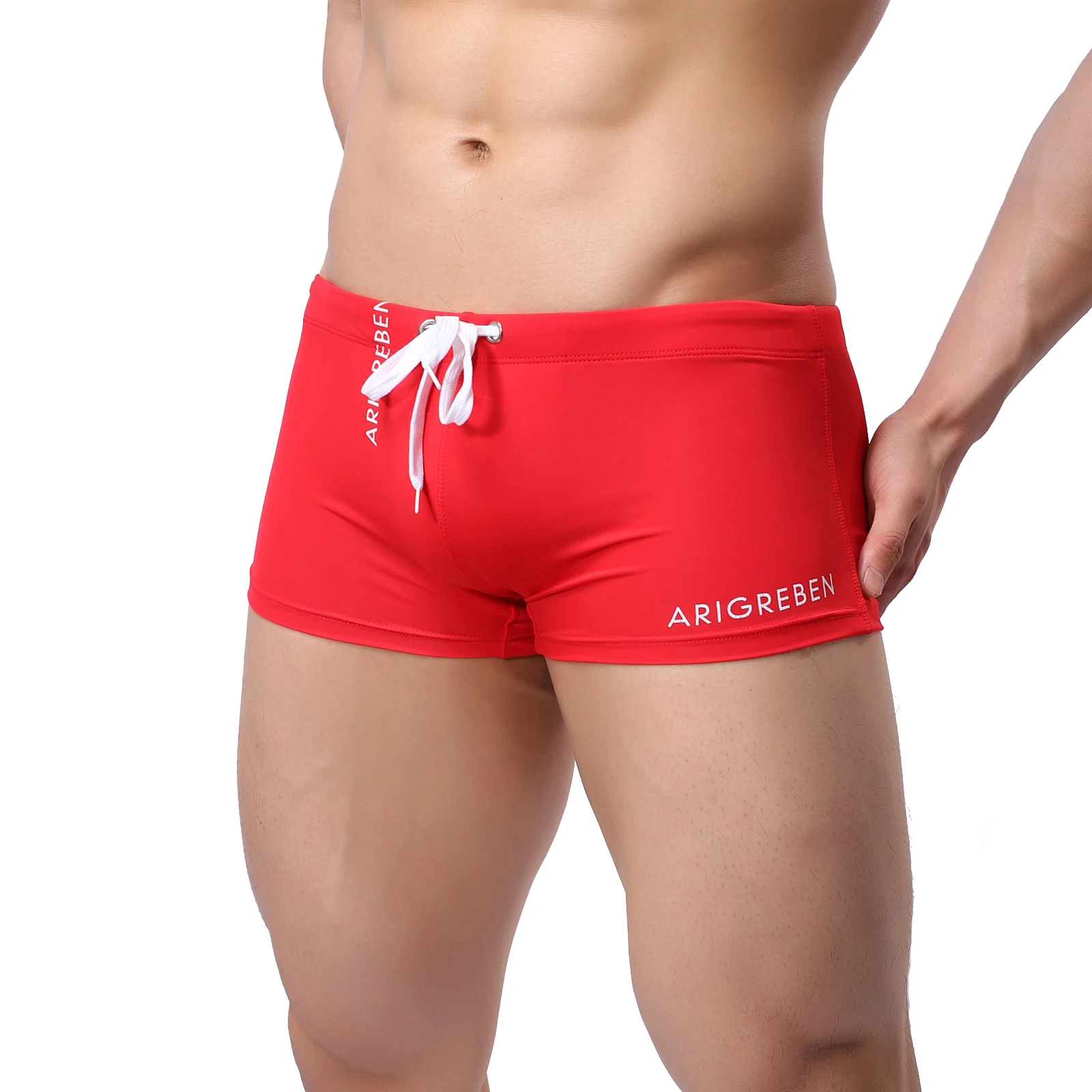 Men Swimwear Drawstring Swim Trunks Solid Color Low-rise Swimsuits Summer Beach Surfing Shorts Breathable Bathing Boxers