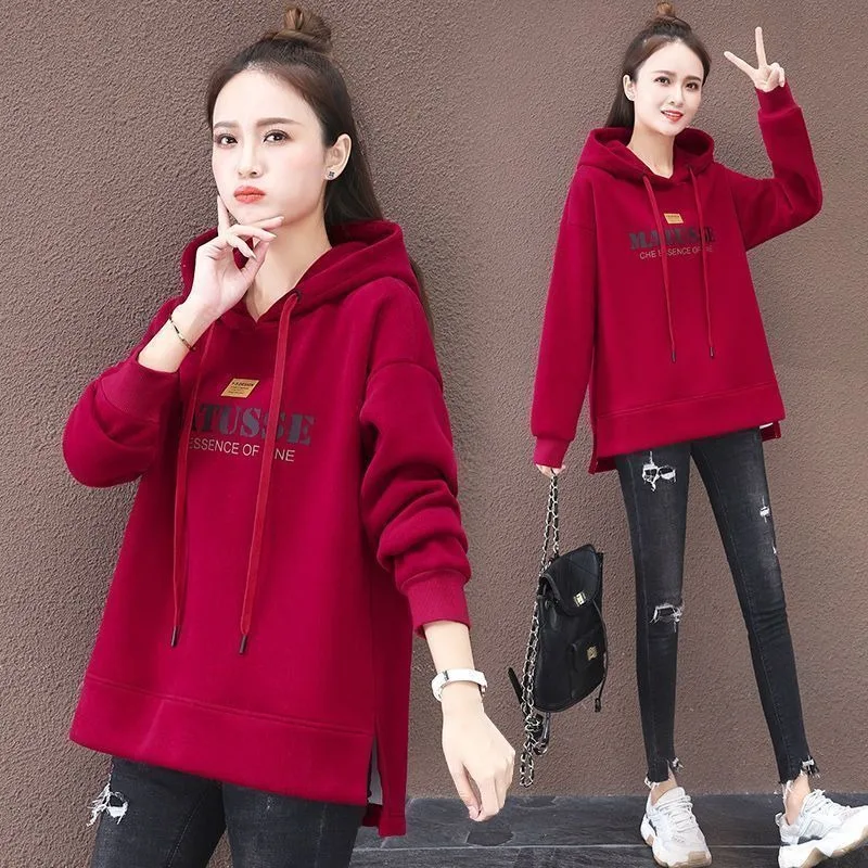 

Women's Korean-style Loose-fitting Hooded Sweatshirt with Velvet and Thickened Letter Print Pullover Top