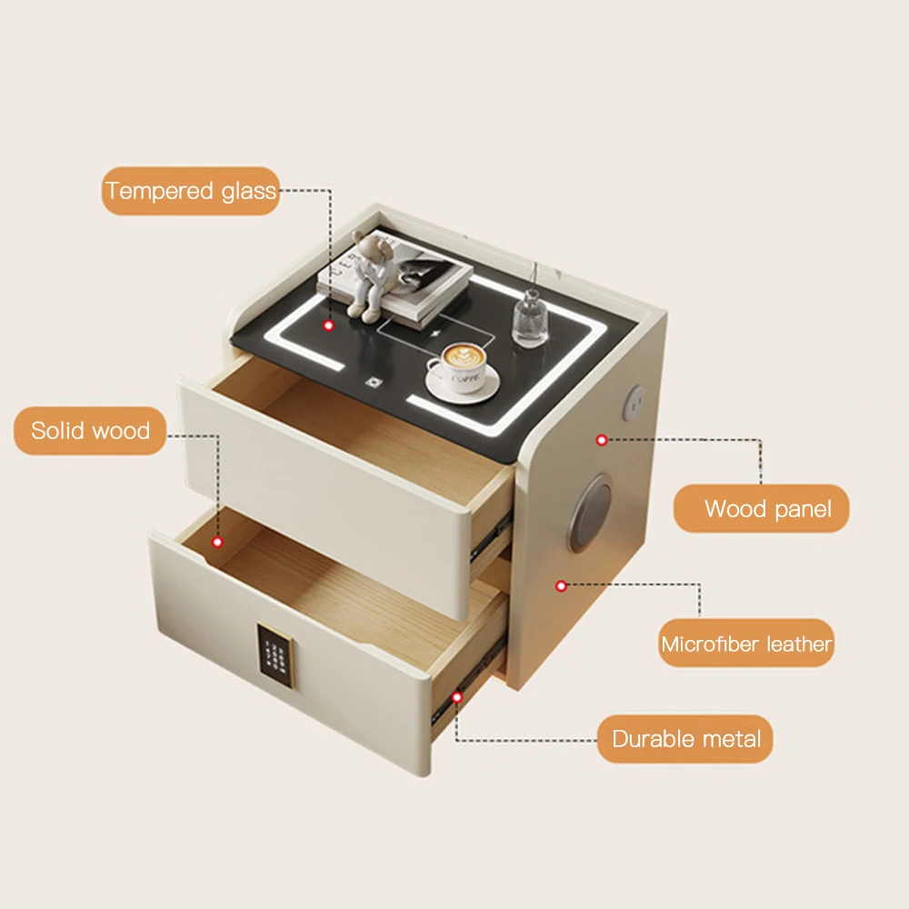 طاولة سرير ذكية مع ضوء مستشعر، شحن لاسلكي، قفل بكلمة مرور رقمية ومكبر صوت بلوتوث، ومنضدة بدرجين #5