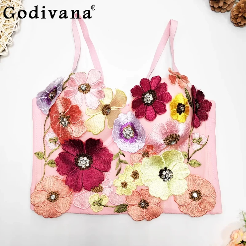 

European American Three-dimensional Flower Embroidery Beads Sling Vest Summer New Print Outer Wear Fishbone Sweet Princess Top