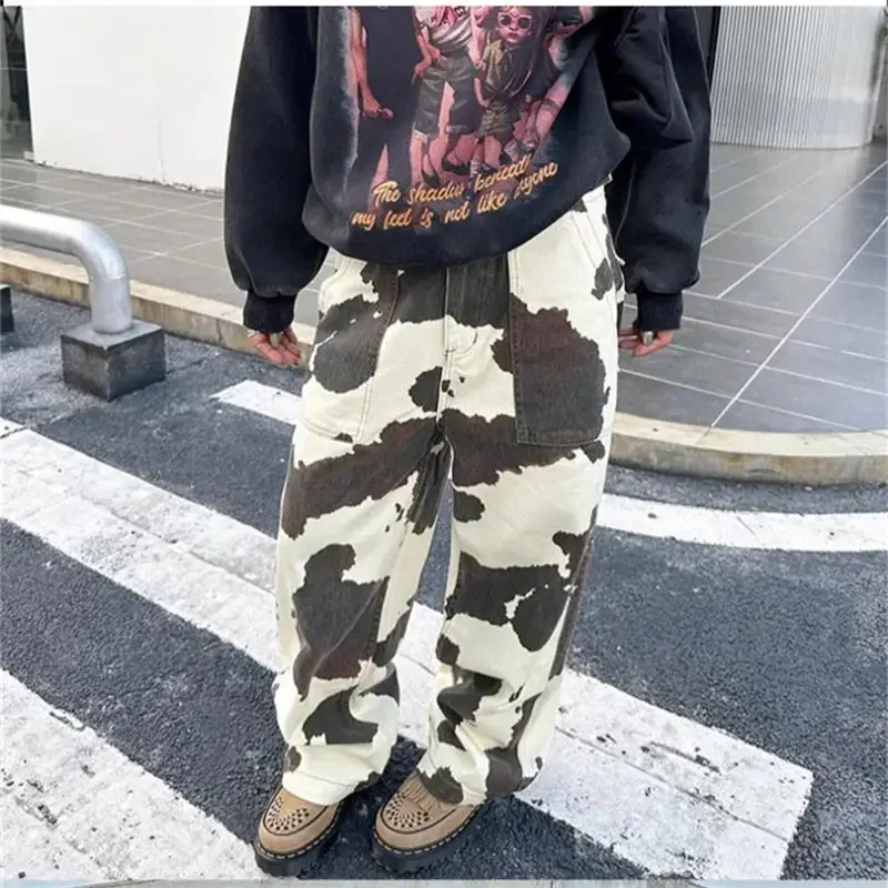 

Women High Waisted Straight Leg Pants Vintage Streetwear Casual Trousers with Cow Print Tie Dye Pattern