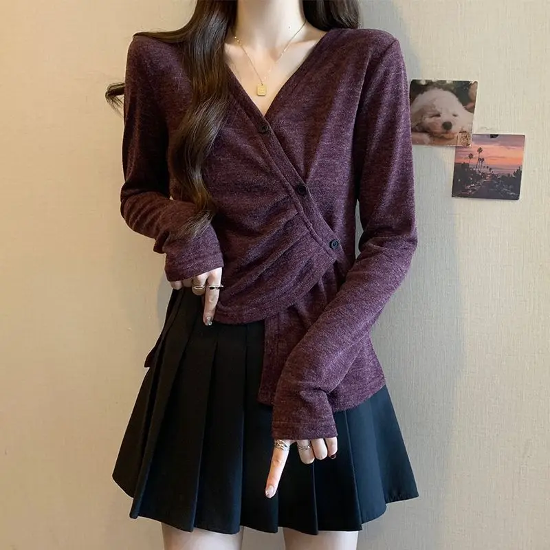 

Stylish Irregular Folds Pullovers Spring Autumn Casual V-Neck Female Clothing Solid Color Asymmetrical Basic Long Sleeve T-shirt