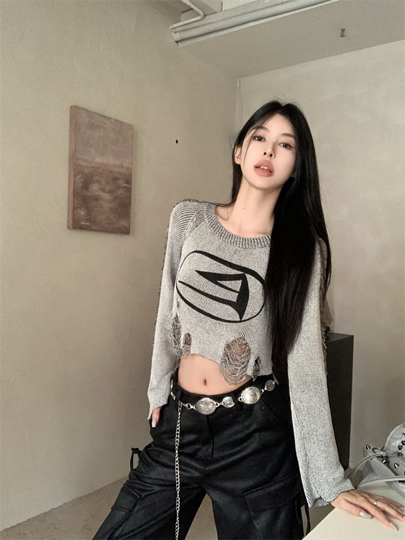 

Retro American Hollow out Knitted Top Women's Spring Autumn Design Sensation Sweet And Spicy ort Slim Long Sve irt