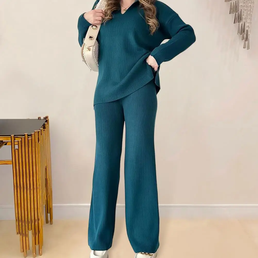 V-neck Long-sleeved Top Casual Daily Commuting Outfit Cozy Knitted Women\'s Pajama Set with V Neck Top Wide Leg Trousers for Fall