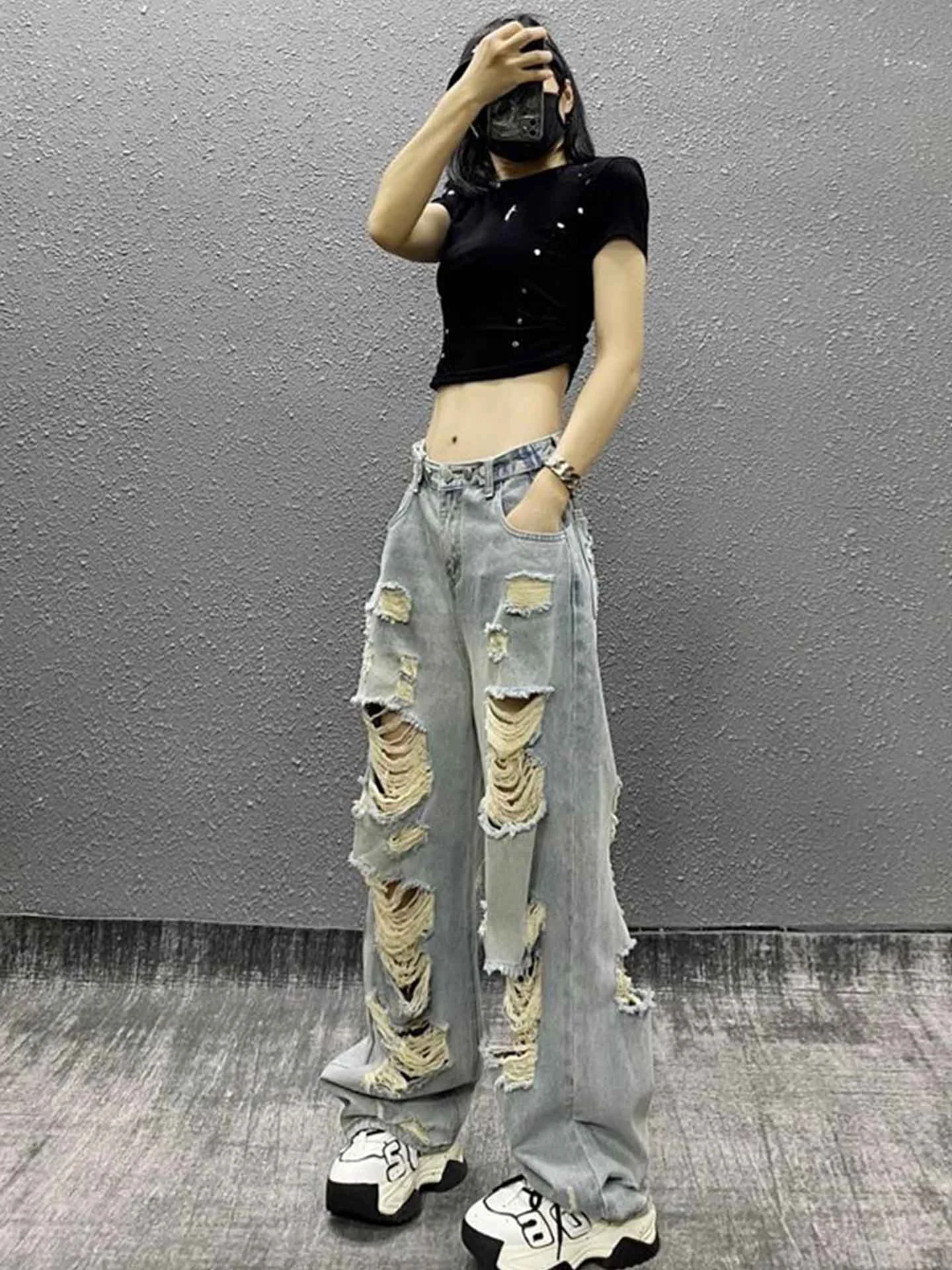 American High Street Spicy Girl Small Area Large Hole Denim Pants Women Loose Straight Leg Slim Wide Leg Pants Casual Style