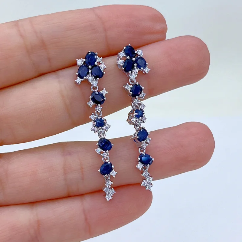 SACE GEMS Fashion Drop Earrings for Women 925 Sterling Silver 3*4MM Sapphire Stud Earrings Wedding Party Fine Jewelry Gift