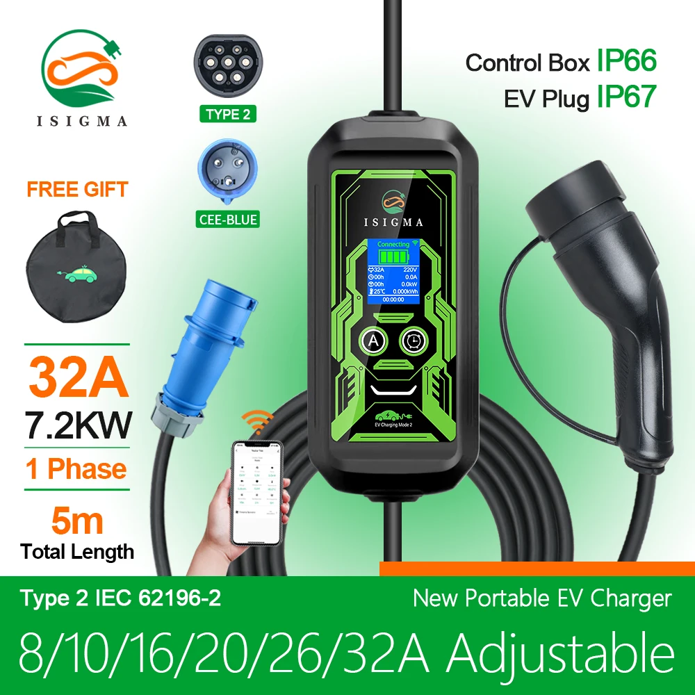 ISIGMA APP Type2 Type1 Electric Vehicle Charger EVSE Charging Cable Wi-Fi Bluetooth APP Control  32A 7.2KW Portable EV Charger