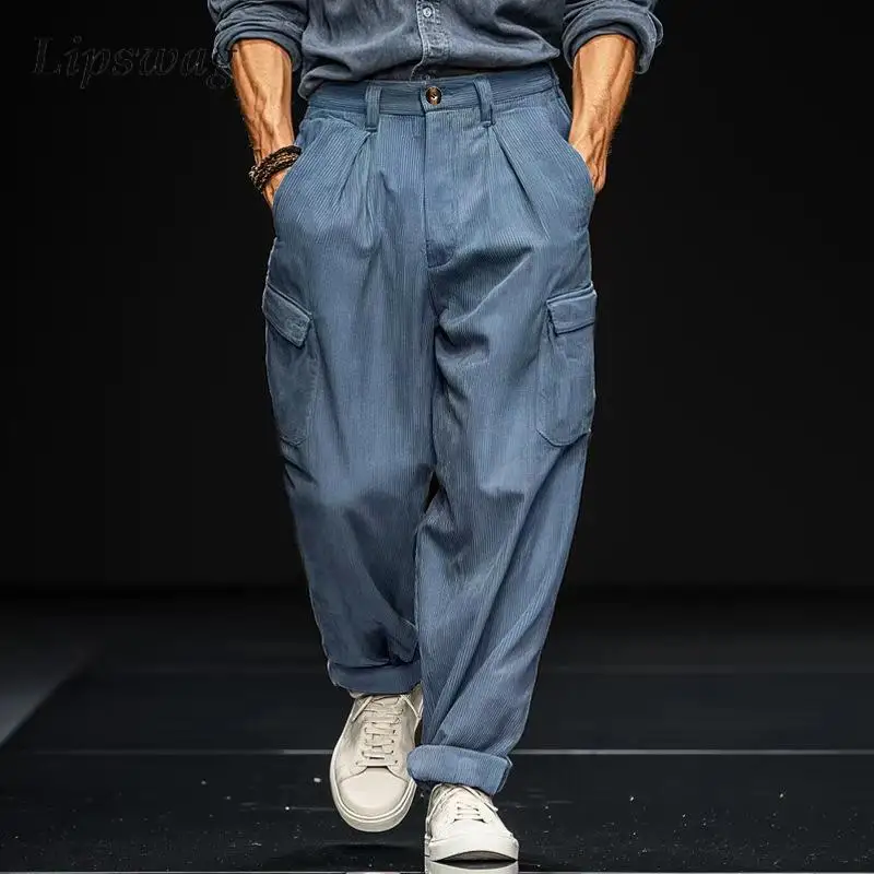 Fashion Mens Solid Color Corduroy Pants Summer New Casual Multi Pocket Cargo Pants Men Vintage Loose Straight Trouser Streetwear